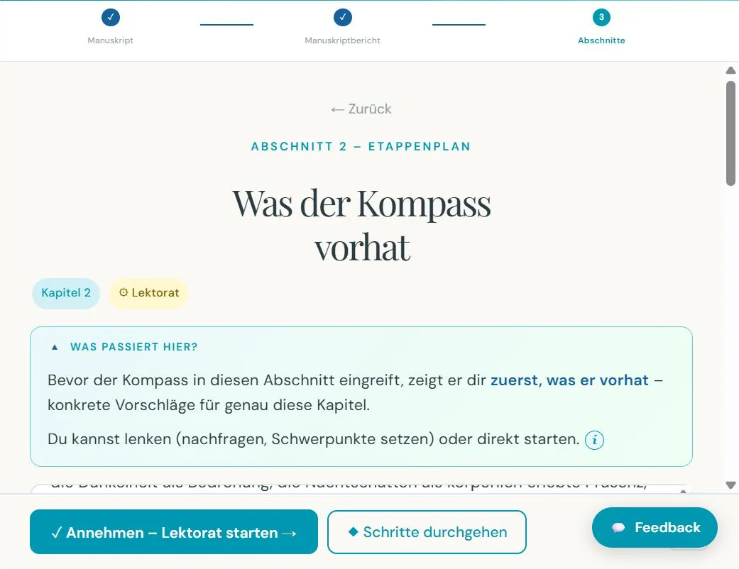 Bildschirm des Manuskript-Kompass: „Was der Kompass vorhat“ mit den Vorschlägen für den Abschnitt und den Schaltflächen „Annehmen – Lektorat starten“ und „Schritte durchgehen“