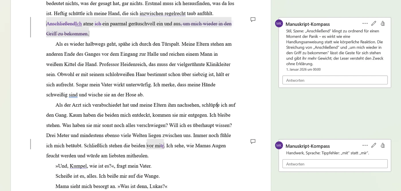 Word-Dokument mit Änderungsmarken des Manuskript-Kompass: gestrichene und eingefügte Wörter im Fließtext, rechts daneben zwei Kommentare mit Begründung