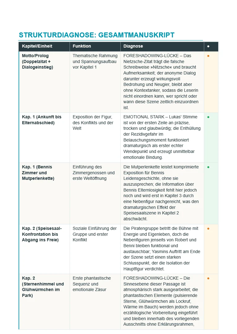 Tabelle der Strukturdiagnose: je Kapitel die Funktion im Gesamtbogen, ein ausformulierter Befund und eine farbige Ampel