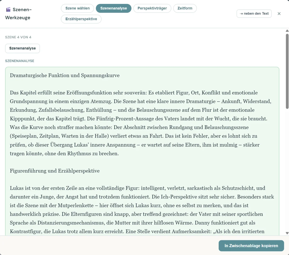 Dialog „Szenen-Werkzeuge“ mit der Szenenanalyse: Abschnitte zu dramaturgischer Funktion, Spannungskurve und Figurenführung