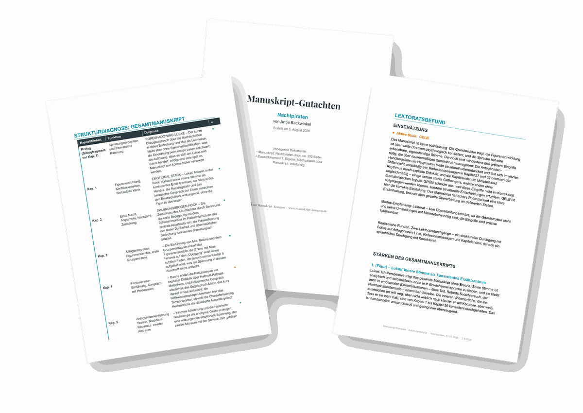 Drei Seiten aus einem Manuskript-Gutachten: Titelseite, Strukturdiagnose als Tabelle und ausformulierter Lektoratsbefund