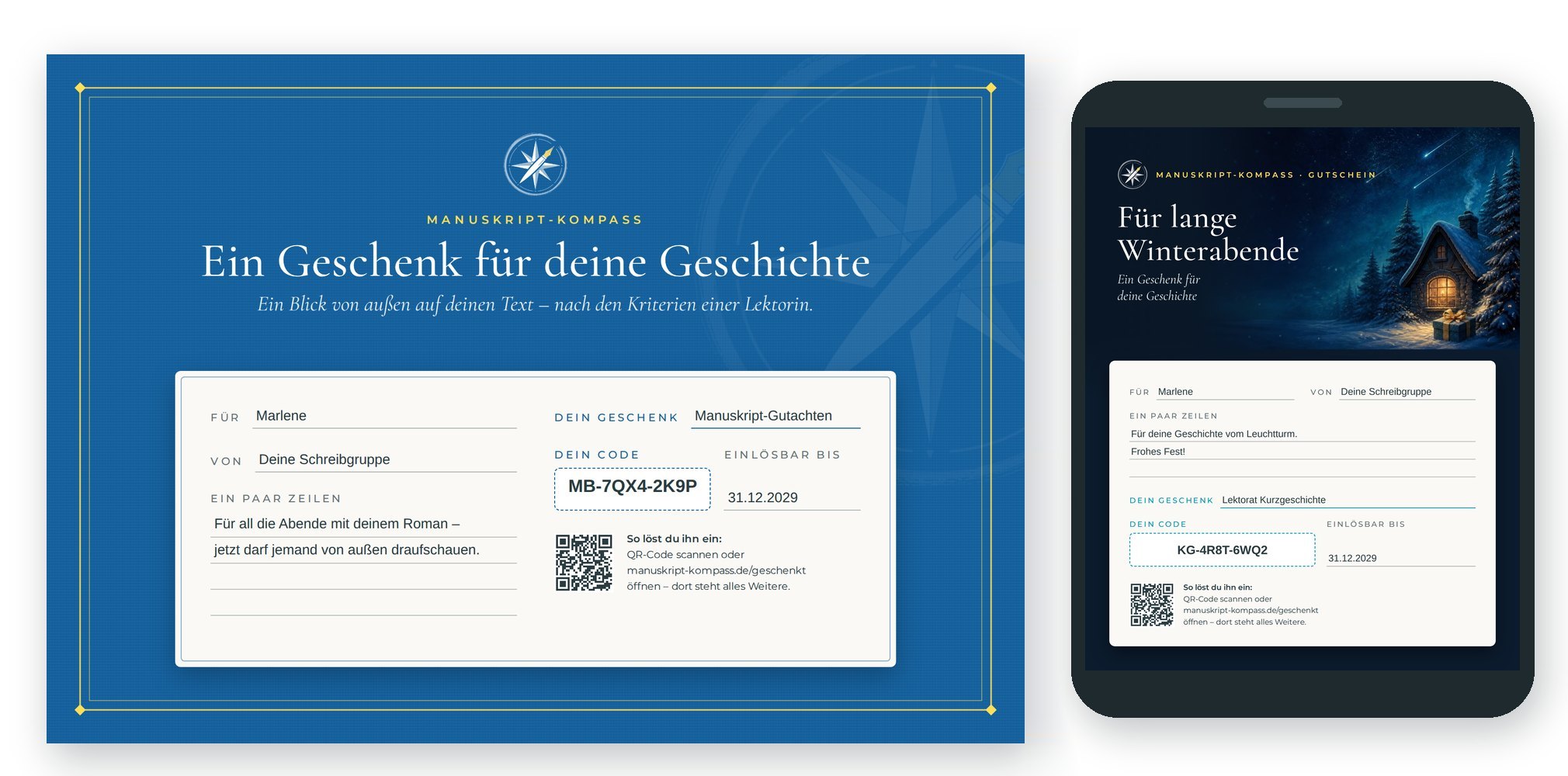 Beispiel: eine ausgefüllte Gutscheinkarte im Format A5 und daneben dieselbe Karte als Bild auf einem Handy