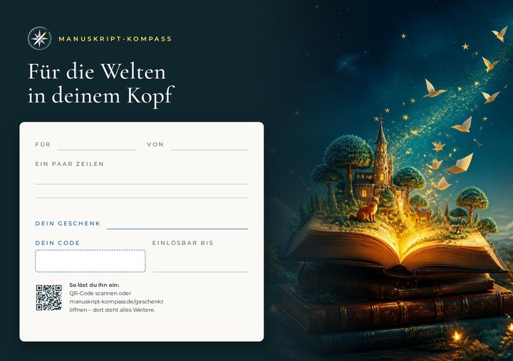 Gutscheinkarte „Für die Welten in deinem Kopf“ in Azurblau: Buchwelten