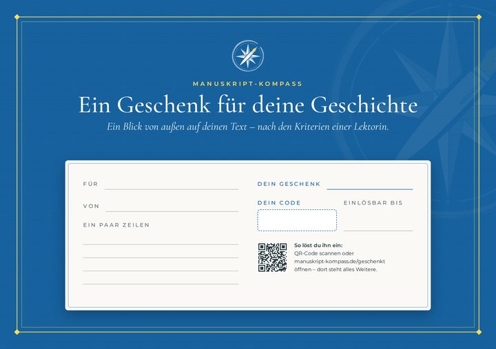 Gutscheinkarte „Ein Geschenk für deine Geschichte“ in Azurblau: Kompassrose
