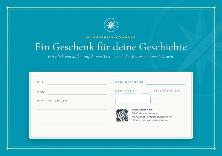 Gutscheinkarte „Ein Geschenk für deine Geschichte“ in Türkis: Kompassrose