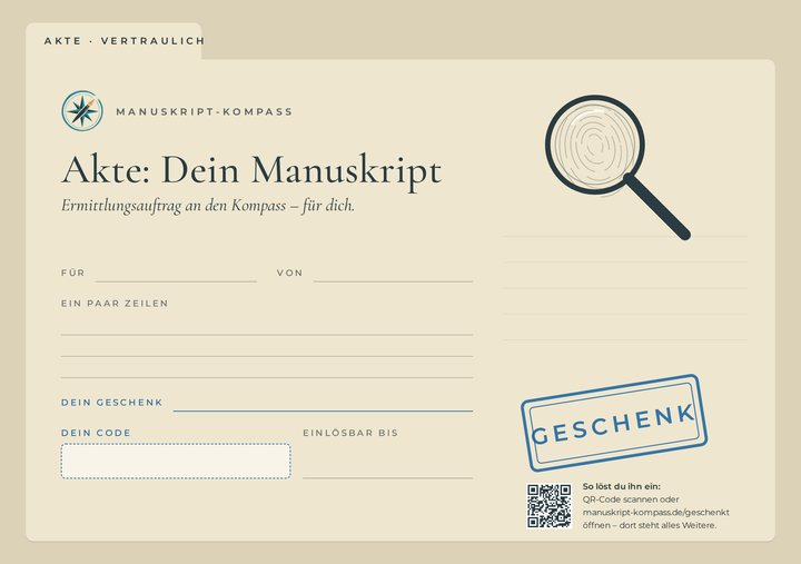 Gutscheinkarte „Akte: Dein Manuskript“ in Azurblau: Akte