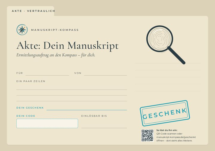Gutscheinkarte „Akte: Dein Manuskript“ in Türkis: Akte