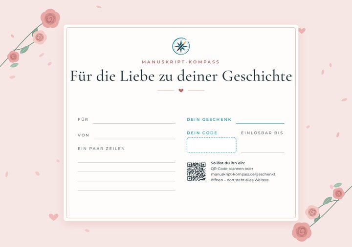 Gutscheinkarte „Für die Liebe zu deiner Geschichte“ in Türkis: Rosen