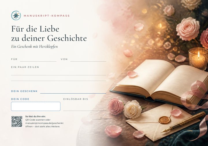 Gutscheinkarte „Für die Liebe zu deiner Geschichte“ in Azurblau: Kerzenschein