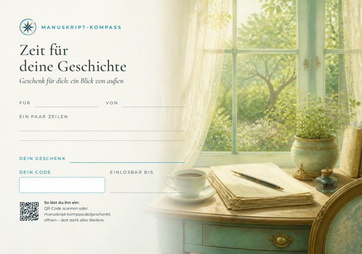 Gutscheinkarte „Zeit für deine Geschichte“ in Türkis: Schreibtisch