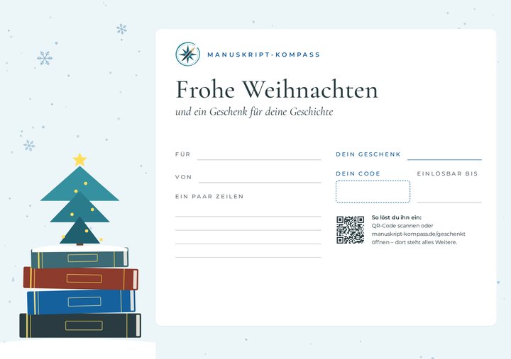Gutscheinkarte „Frohe Weihnachten“ in Azurblau: Bücherbaum