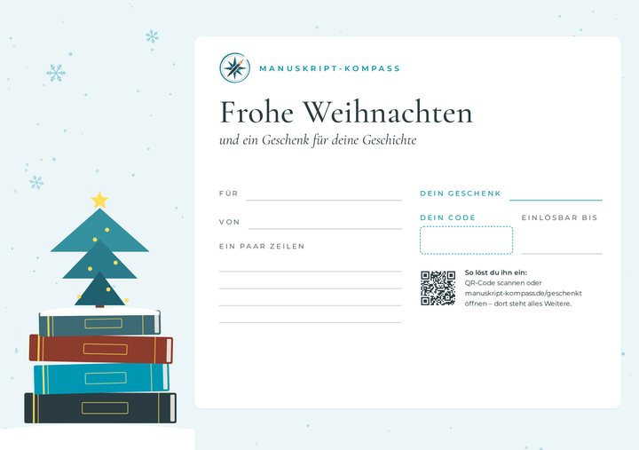 Gutscheinkarte „Frohe Weihnachten“ in Türkis: Bücherbaum